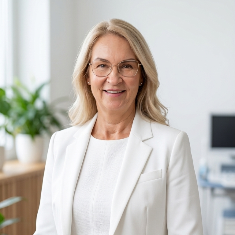 Titelbild Frau Dr. med. Beate Knaur Frau Beate Knaur mit blonden Haaren in einem hellen Anzug, lächelt in einem modernen Büro.